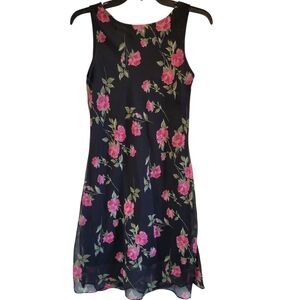 90s Y2K Alyn Paige Black Pink Rose Print Sleeveless Dress